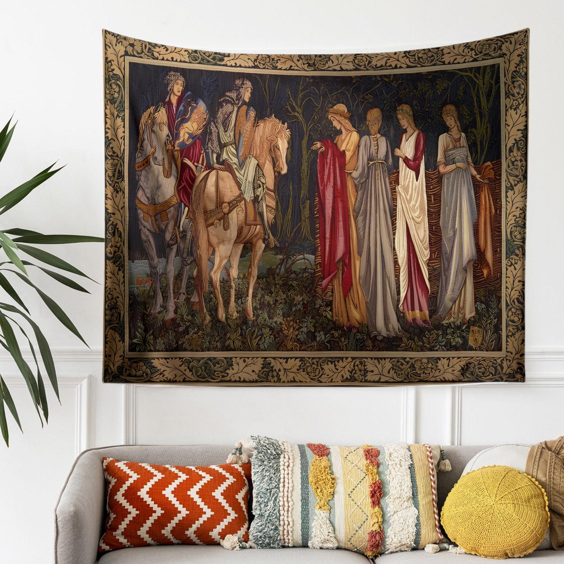 Medieval French Tapestry Wall Art - Departure of the Knights of Camelot, 15th Century Antique Decor, Historical Medieval Art Textile