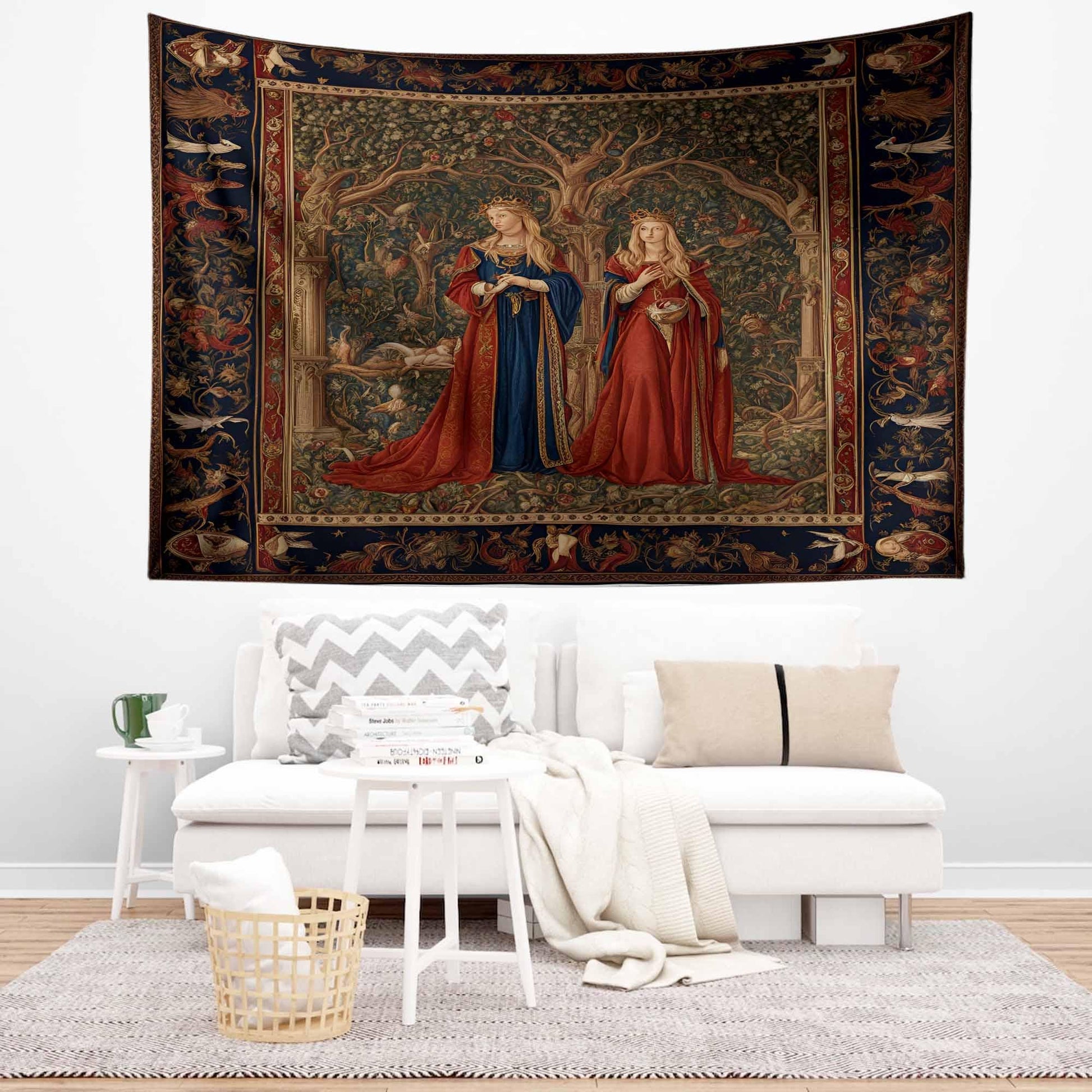 Medieval Princess Tapestry - Enchanting 15th Century French Wall Hanging, Red Mythical Artwork, Vintage Decor Gift