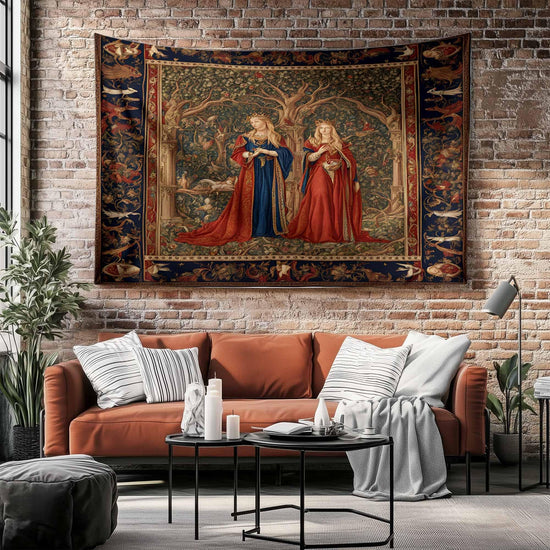 Medieval Princess Tapestry - Enchanting 15th Century French Wall Hanging, Red Mythical Artwork, Vintage Decor Gift
