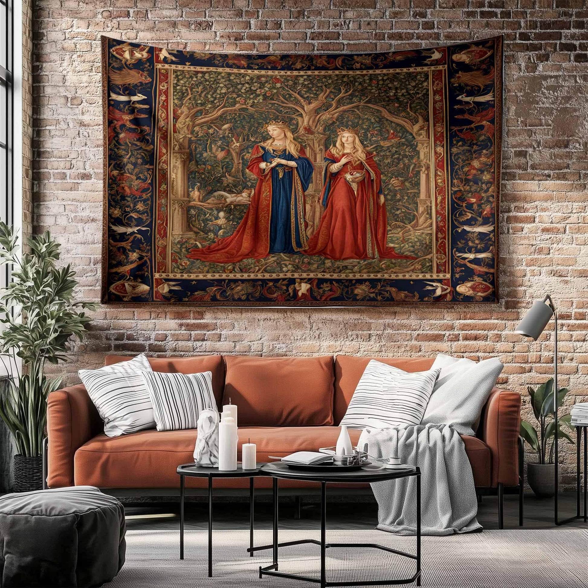 Medieval Princess Tapestry - Enchanting 15th Century French Wall Hanging, Red Mythical Artwork, Vintage Decor Gift