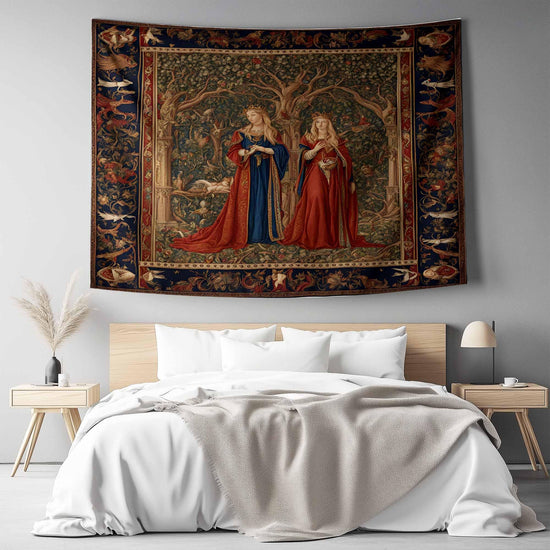 Medieval Princess Tapestry - Enchanting 15th Century French Wall Hanging, Red Mythical Artwork, Vintage Decor Gift