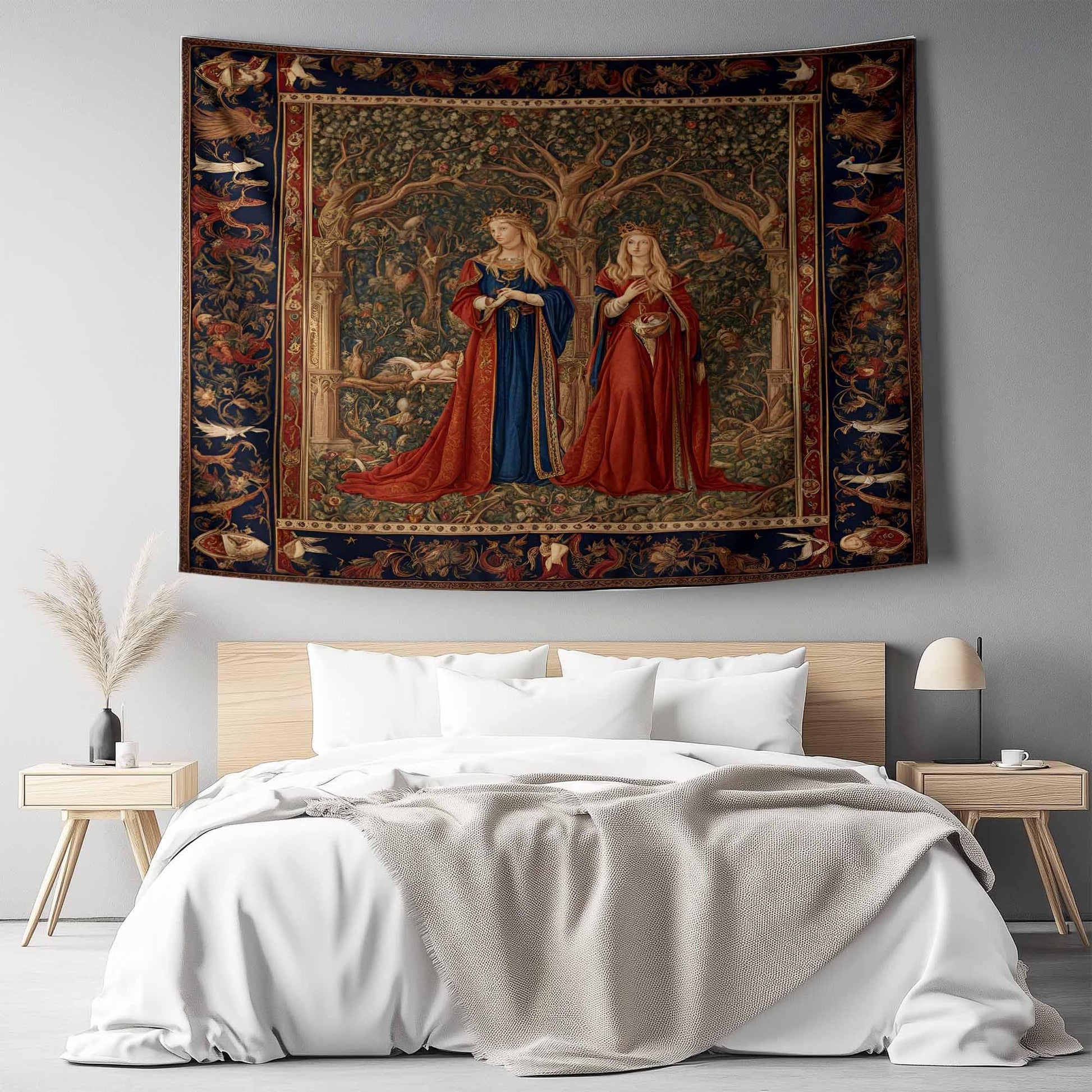 Medieval Princess Tapestry - Enchanting 15th Century French Wall Hanging, Red Mythical Artwork, Vintage Decor Gift