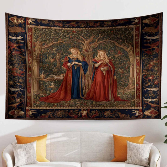 Medieval Princess Tapestry - Enchanting 15th Century French Wall Hanging, Red Mythical Artwork, Vintage Decor Gift