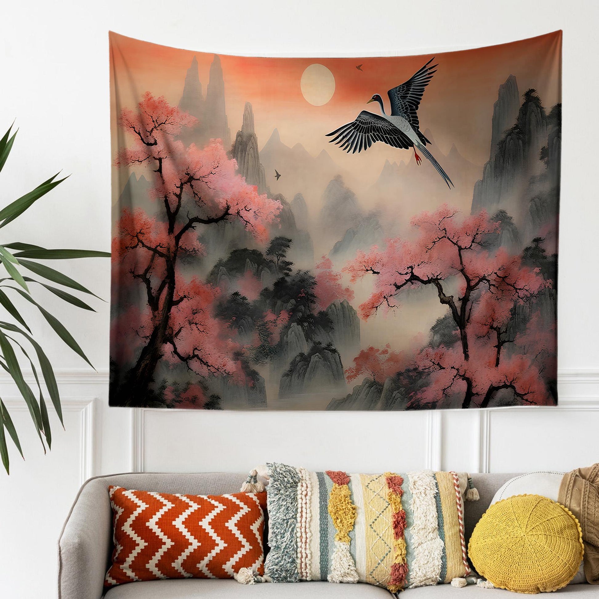 Japanese Art Landscape Tapestry, Nature Tapestry Wall Hanging, Sunset Tapestry, Mountain Forest Landscape Tapestries for Living Room Decor