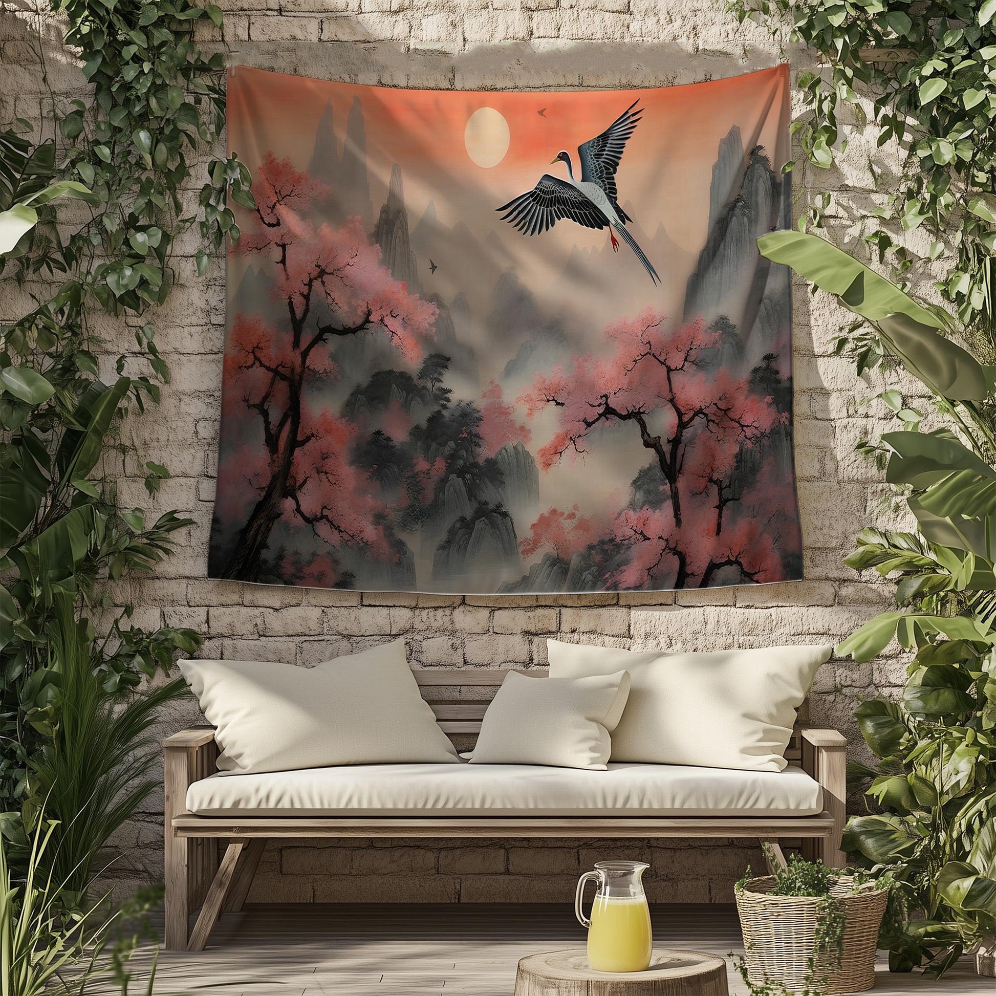 Japanese Art Landscape Tapestry, Nature Tapestry Wall Hanging, Sunset Tapestry, Mountain Forest Landscape Tapestries for Living Room Decor