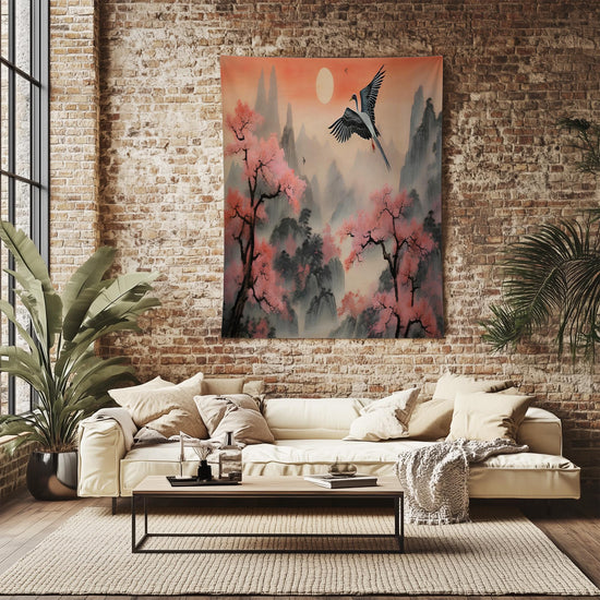 Japanese Art Landscape Tapestry, Nature Tapestry Wall Hanging, Sunset Tapestry, Mountain Forest Landscape Tapestries for Living Room Decor
