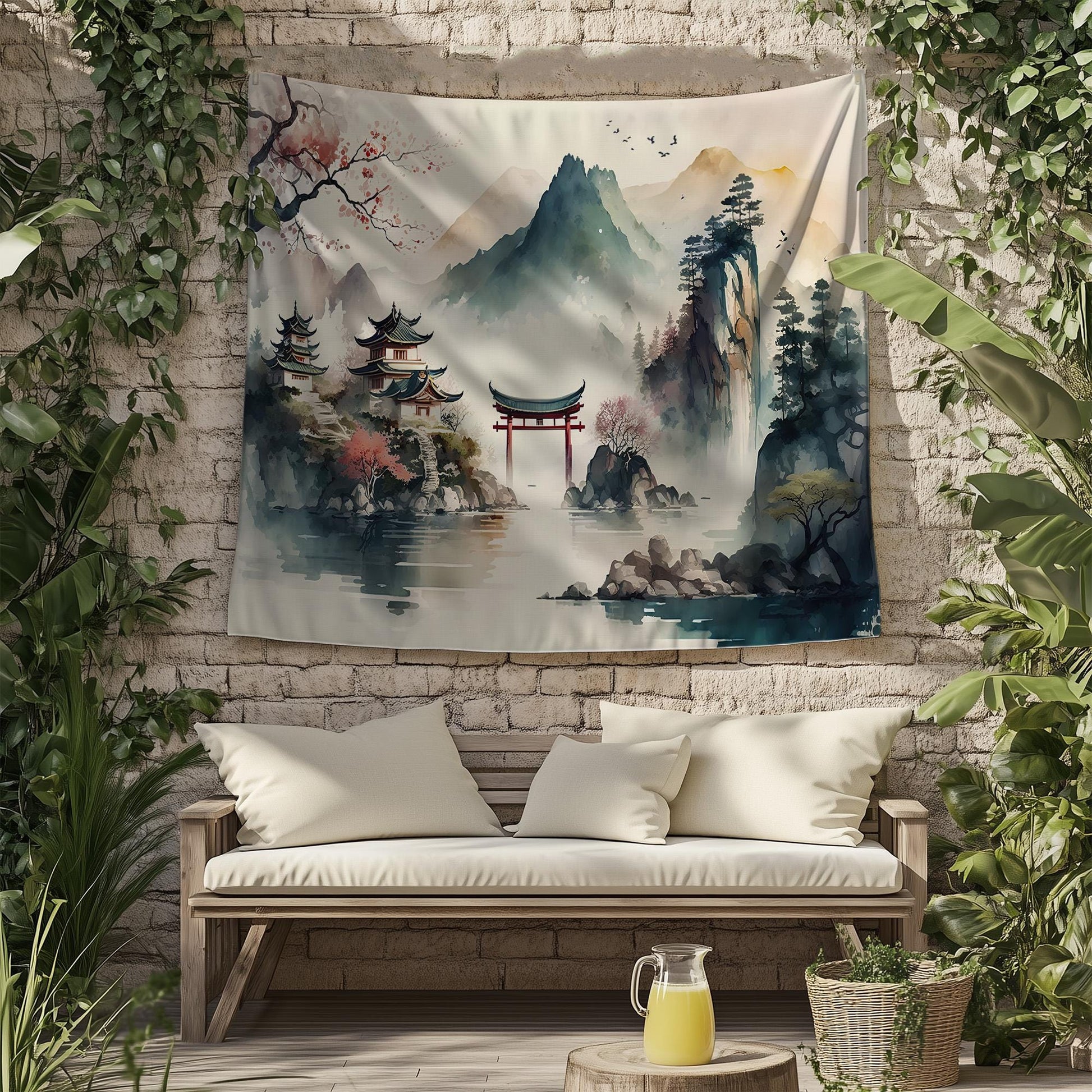 Japanese Watercolor Landscape Tapestry – Tranquil Mountain Forest Historic Houses Wall Art for Serene Home Decor