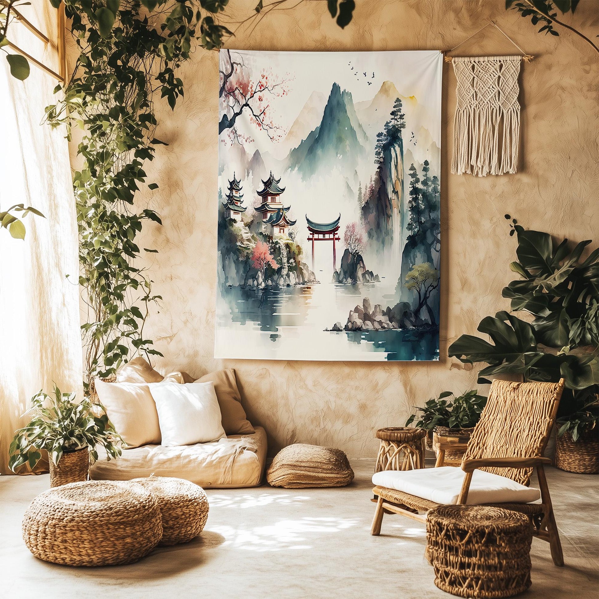 Japanese Watercolor Landscape Tapestry – Tranquil Mountain Forest Historic Houses Wall Art for Serene Home Decor
