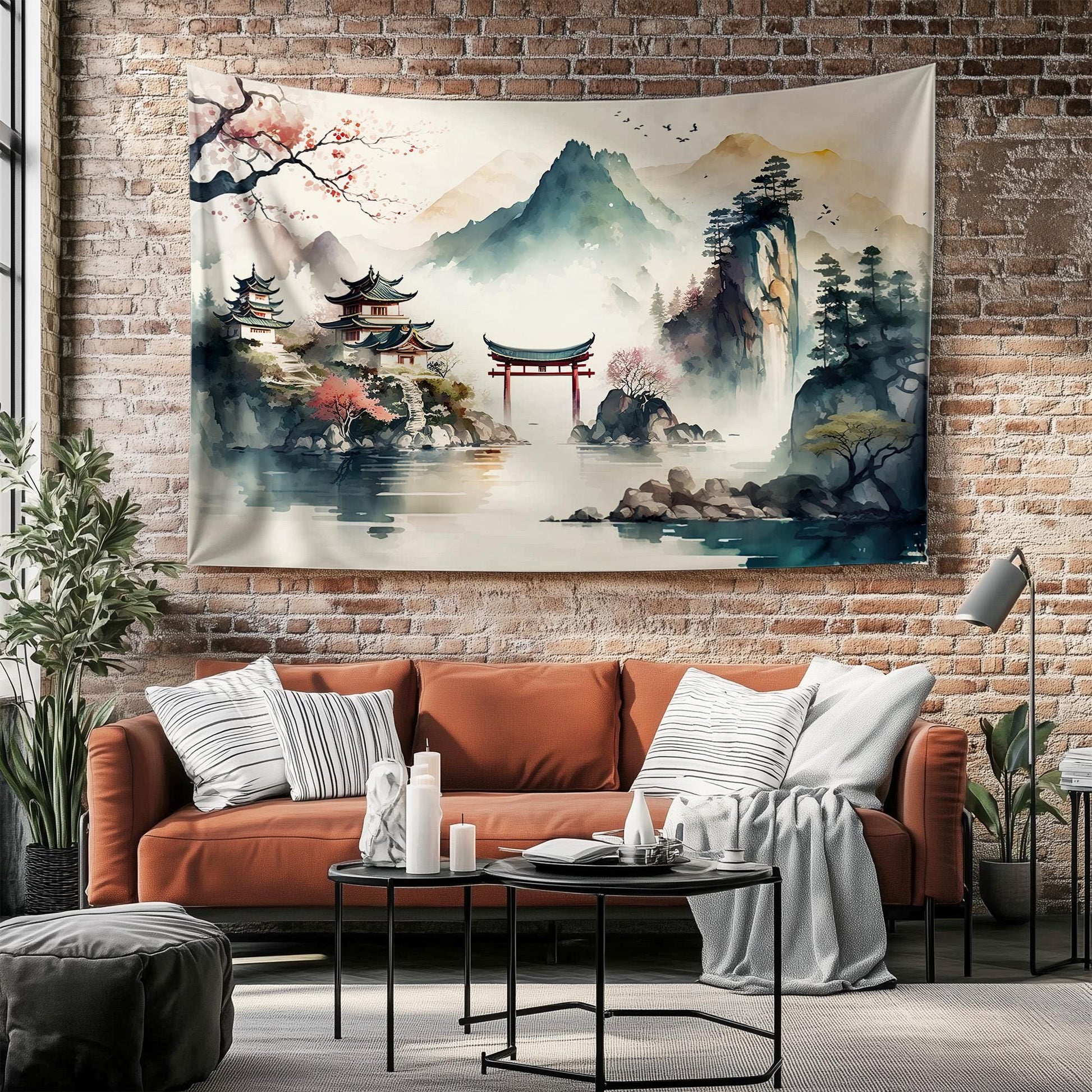 Japanese Watercolor Landscape Tapestry – Tranquil Mountain Forest Historic Houses Wall Art for Serene Home Decor