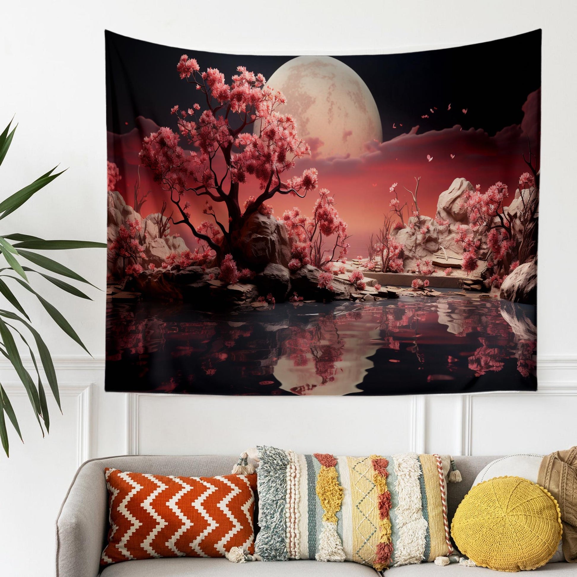 Japanese Art Landscape Tapestry, Nature Tapestry Wall Hanging, Moon Tapestry, Mountain Forest Landscape Tapestries for Living Room Decor
