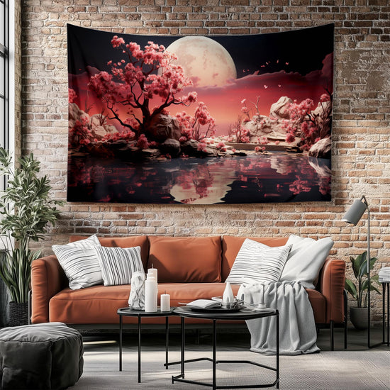 Japanese Art Landscape Tapestry, Nature Tapestry Wall Hanging, Moon Tapestry, Mountain Forest Landscape Tapestries for Living Room Decor