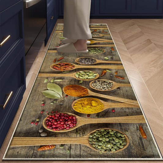 Spices Theme Kitchen Runner Rug - Washable Non-Slip Floor Mat, Modern Kitchen Decor, Durable & Comfortable Cooking Mat