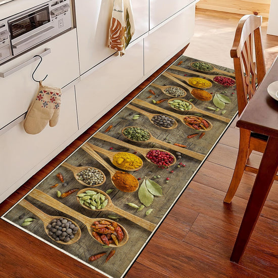 Spices Theme Kitchen Runner Rug - Washable Non-Slip Floor Mat, Modern Kitchen Decor, Durable & Comfortable Cooking Mat