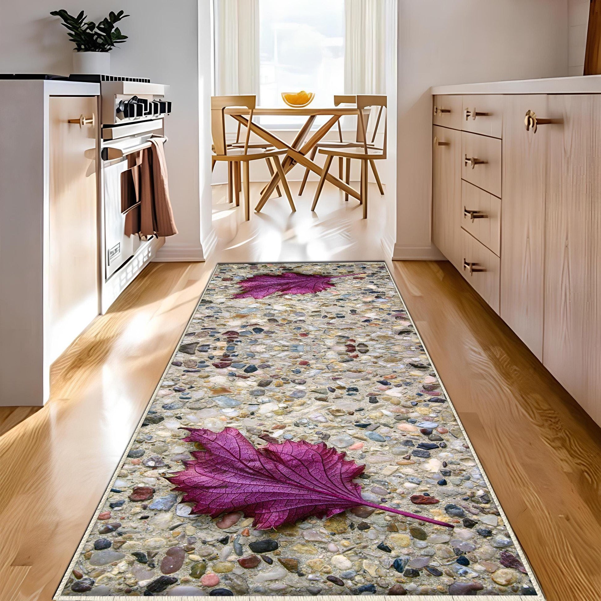 Purple Leaf Kitchen Runner Rug - Non-Slip, Washable Floor Mat for Kitchen & Home Decor, Modern Stone Wash Design
