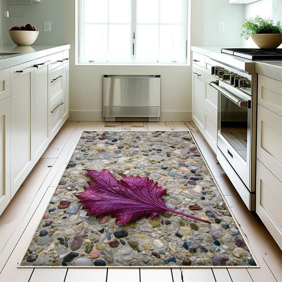 Purple Leaf Kitchen Runner Rug - Non-Slip, Washable Floor Mat for Kitchen & Home Decor, Modern Stone Wash Design