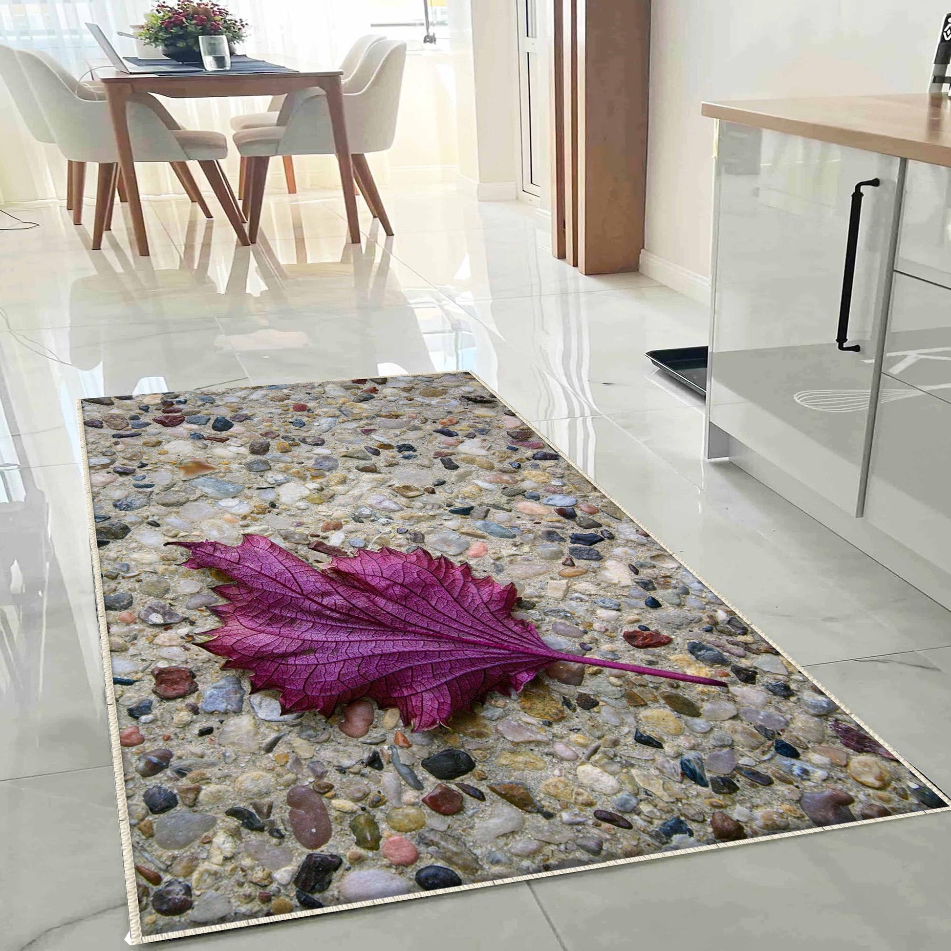 Purple Leaf Kitchen Runner Rug - Non-Slip, Washable Floor Mat for Kitchen & Home Decor, Modern Stone Wash Design
