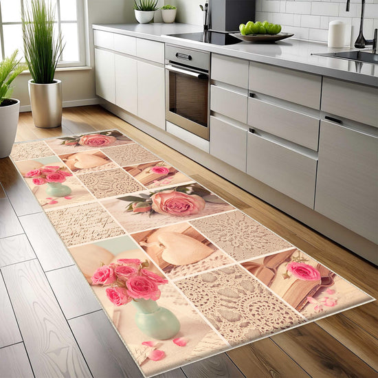 Pink Retro Floral Kitchen Runner Rug - Washable Non-Slip Floor Mat for Home Decor & Modern Kitchen Design