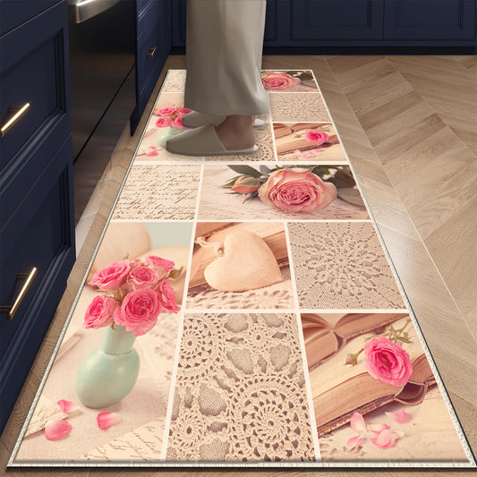Pink Retro Floral Kitchen Runner Rug - Washable Non-Slip Floor Mat for Home Decor & Modern Kitchen Design
