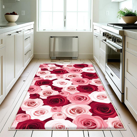 Pink Red Roses Kitchen Runner Rug, Washable Non-Slip Floral Floor Mat, Modern Anti-Fatigue Home Decor Kitchen Mat