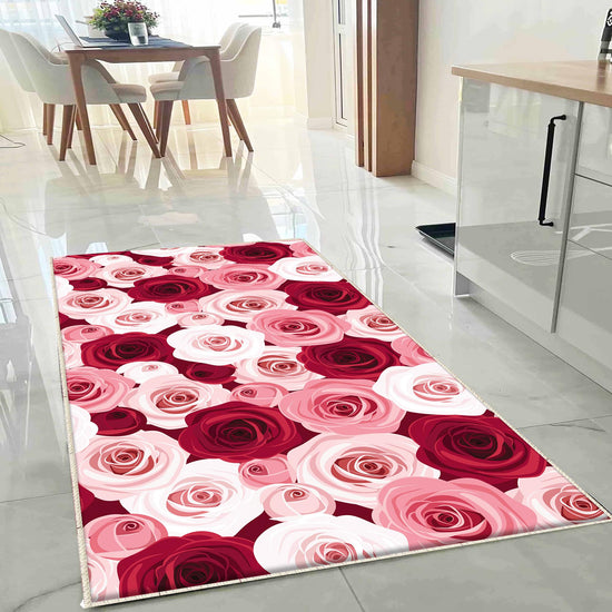 Pink Red Roses Kitchen Runner Rug, Washable Non-Slip Floral Floor Mat, Modern Anti-Fatigue Home Decor Kitchen Mat