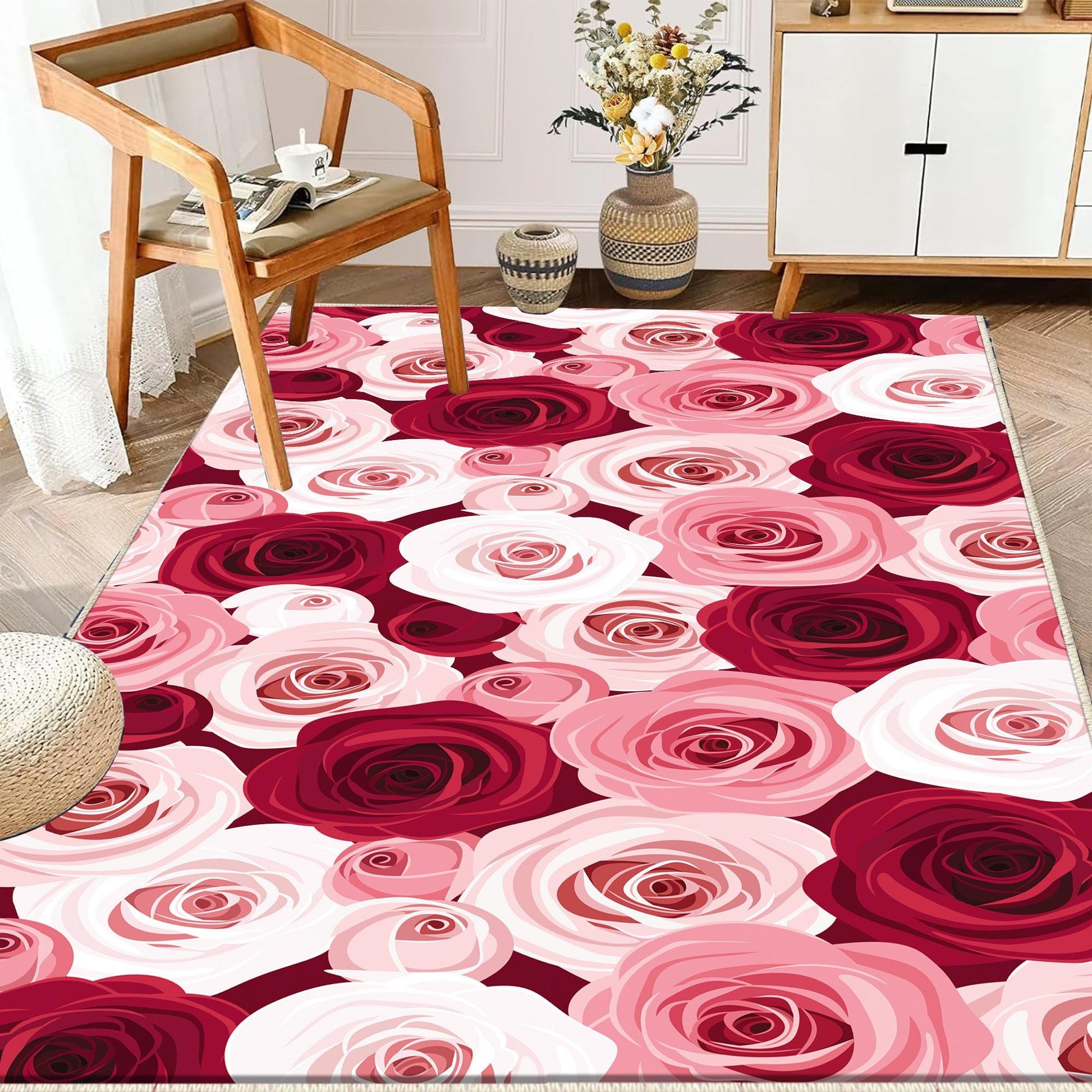 Pink Red Roses Kitchen Runner Rug, Washable Non-Slip Floral Floor Mat, Modern Anti-Fatigue Home Decor Kitchen Mat