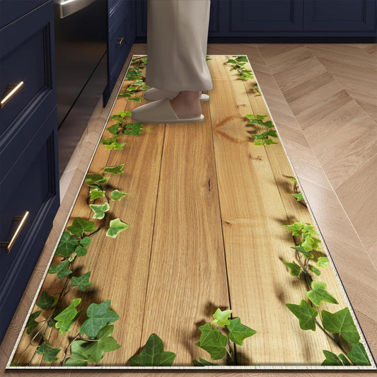 Wood Ivy Floral Kitchen Runner Rug, Washable Non-Slip Floor Mat, Modern Home Decor & Durable Kitchen Rug