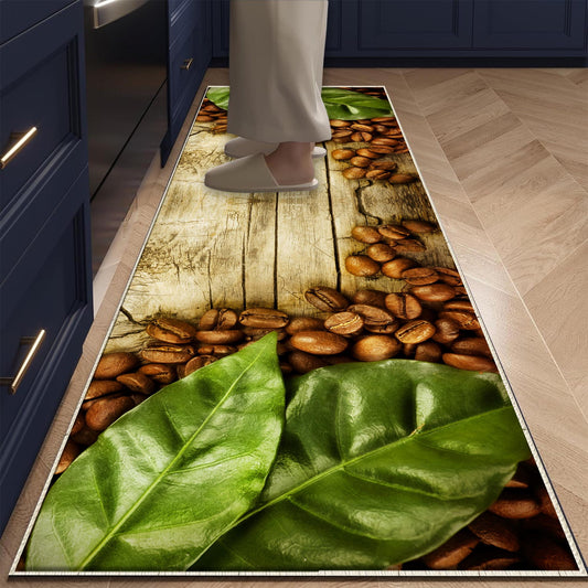 Coffee Beans Grean Leaves Kitchen Runner Rug, Non-Slip Washable Kitchen Floor Mat, Modern Home Decor Kitchen Rug, Coffee Lover Gift