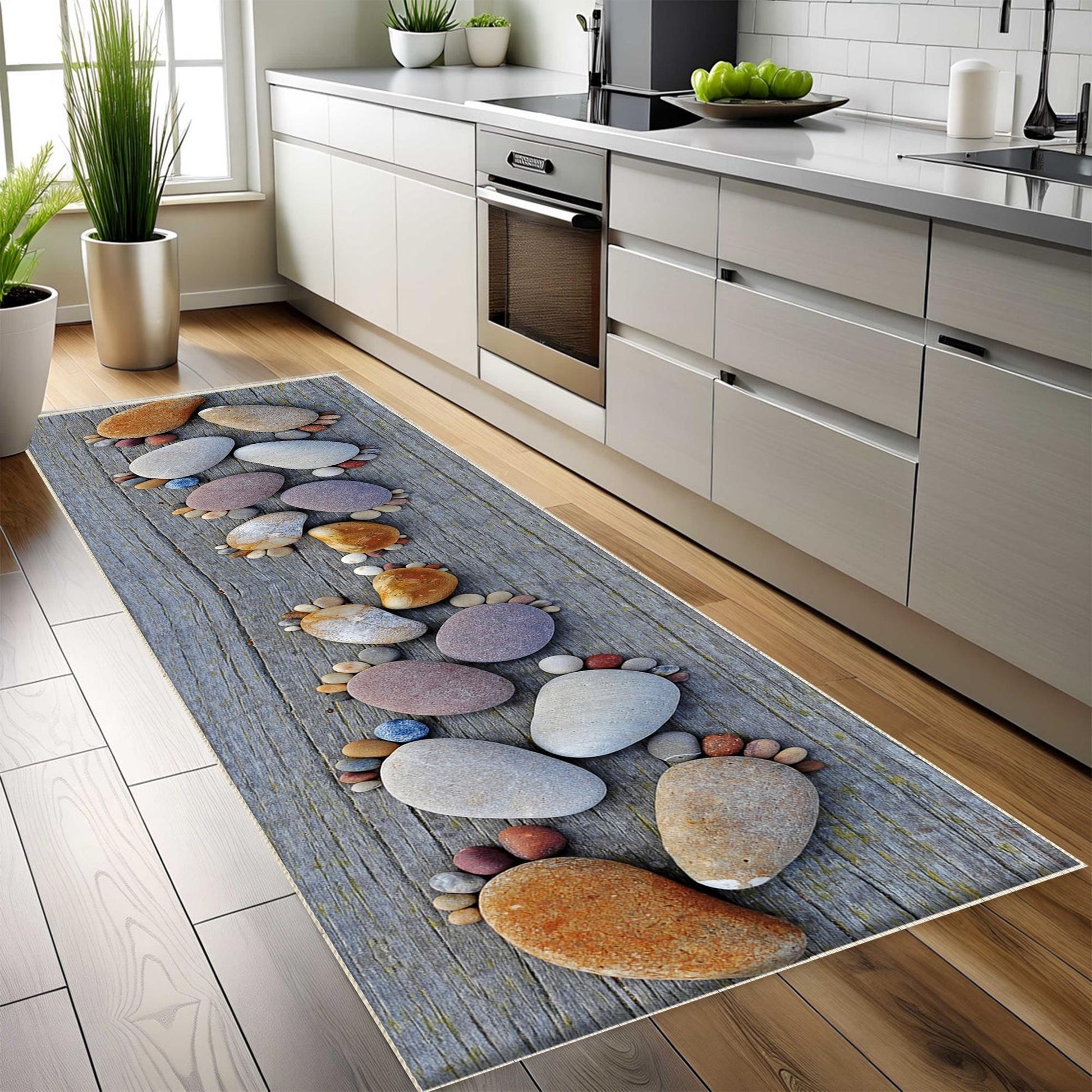 Gray Spa Stones Washable Non-Slip Kitchen Runner Rug – Modern Home Decor Floor Mat for Kitchen Safety & Style