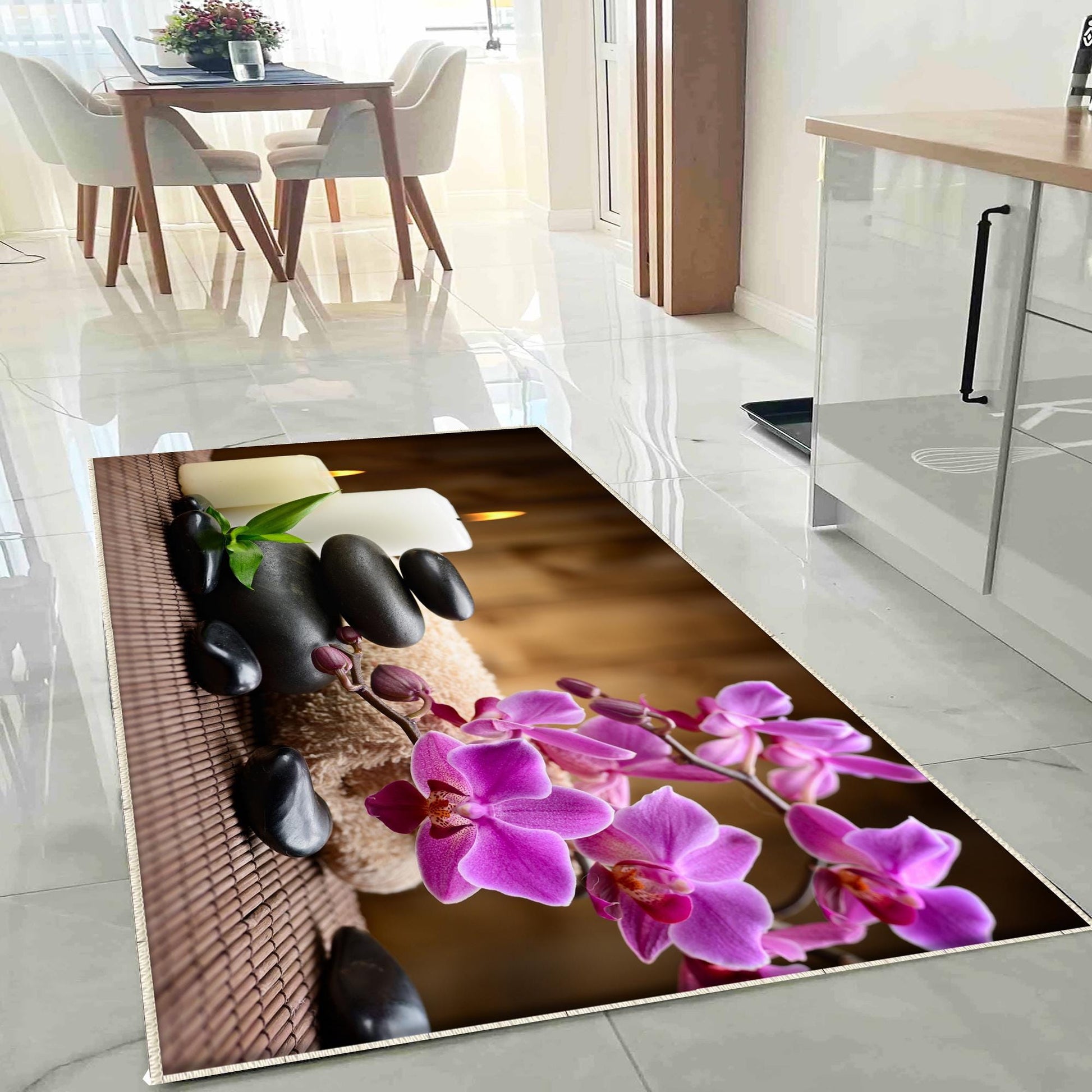 Spa Stone Candles Kitchen Runner Rug - Non-Slip, Washable Floor Mat with Floral Design, Modern Home Decor Kitchen Mat
