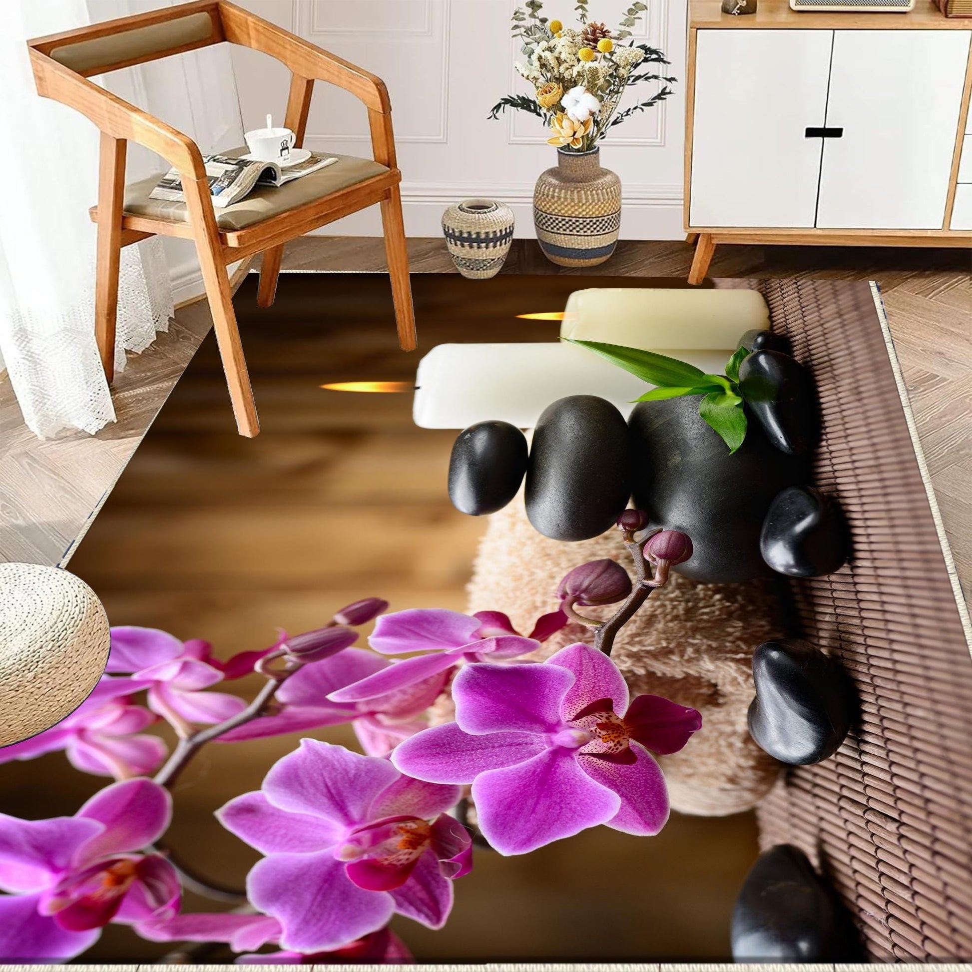 Spa Stone Candles Kitchen Runner Rug - Non-Slip, Washable Floor Mat with Floral Design, Modern Home Decor Kitchen Mat