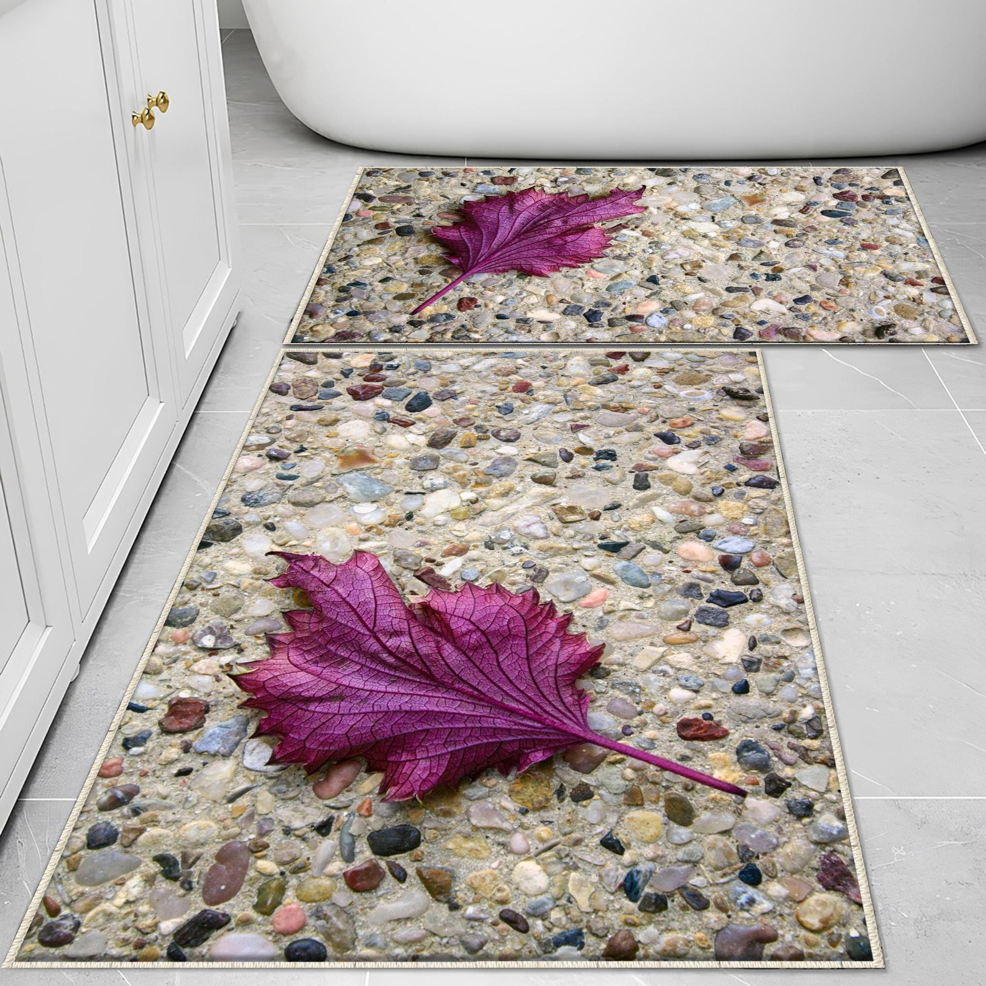 Stone Purple Leaf Bathroom Rug - Floral Non Slip Bath Mat, Quick Dry Washable Toilet Mat, Soft Modern Bathroom Decor