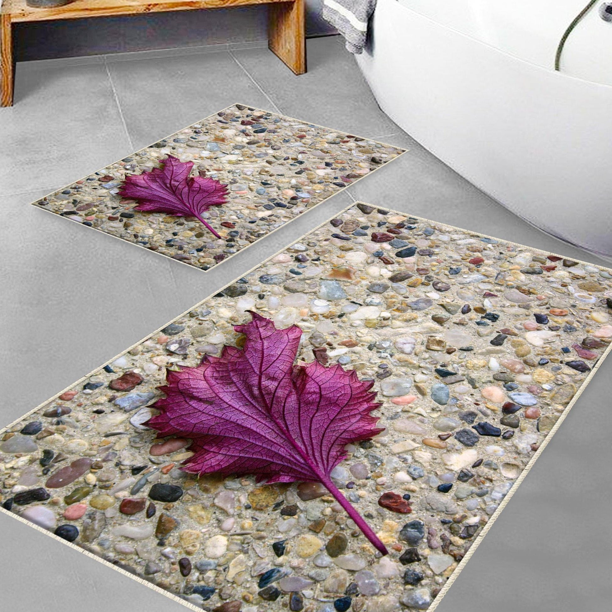 Stone Purple Leaf Bathroom Rug - Floral Non Slip Bath Mat, Quick Dry Washable Toilet Mat, Soft Modern Bathroom Decor