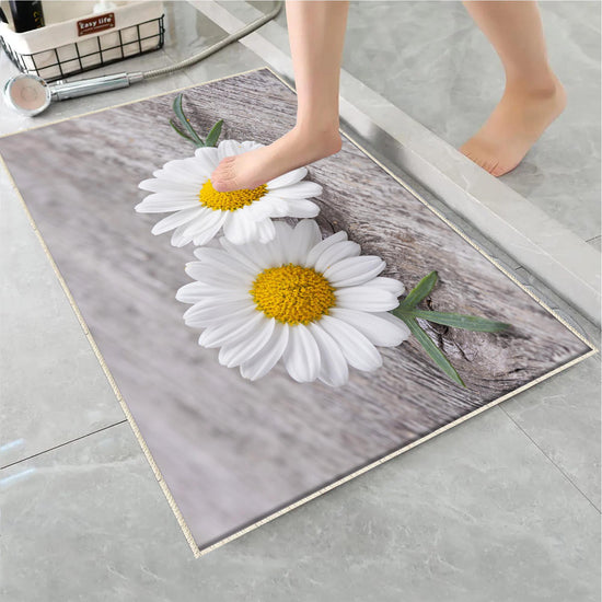 Daisy Flowers Gray Bathroom Rug - Floral Non Slip Bath Mat, Quick Dry Washable Toilet Mat, Soft Modern Bathroom Decor