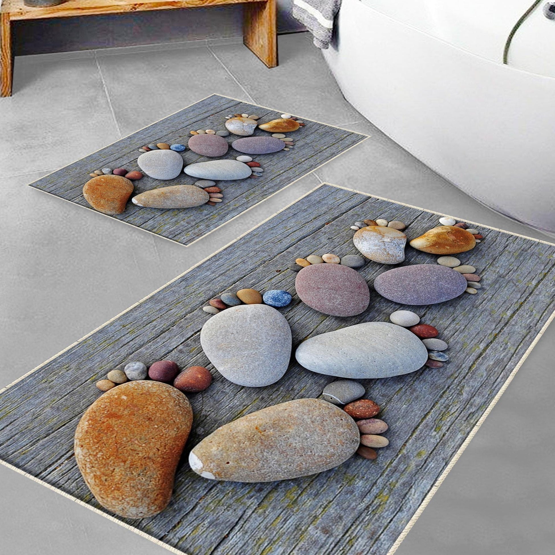 Gray Foot Stones Bathroom Rug - Non Slip Bath Mat, Quick Dry Washable Toilet Mat, Soft Modern Bathroom Decor