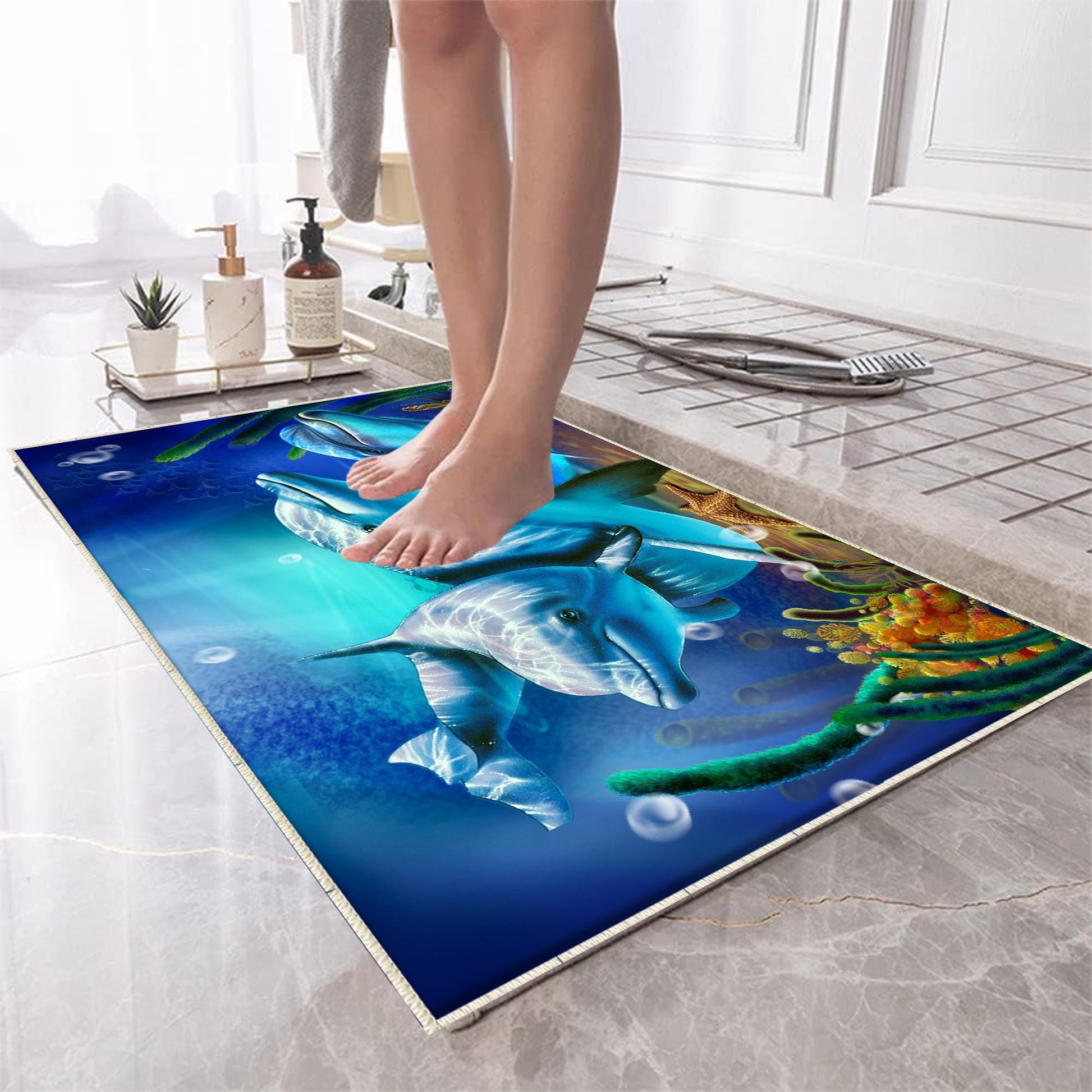 Blue Dolphins Bathroom Rug - Under Sea Non Slip Bath Mat, Quick Dry Washable Toilet Mat, Soft Modern Bathroom Decor
