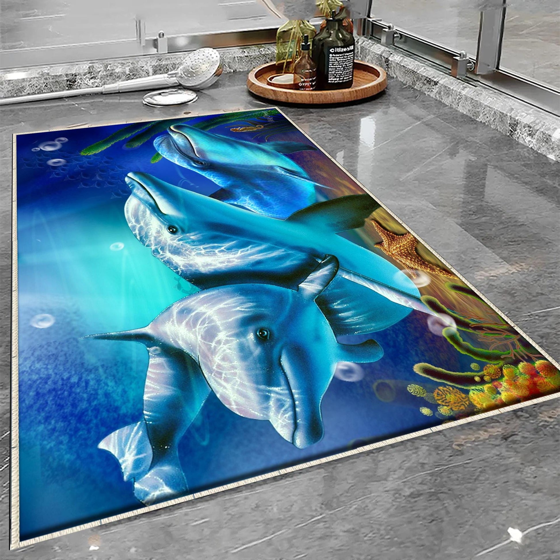 Blue Dolphins Bathroom Rug - Under Sea Non Slip Bath Mat, Quick Dry Washable Toilet Mat, Soft Modern Bathroom Decor