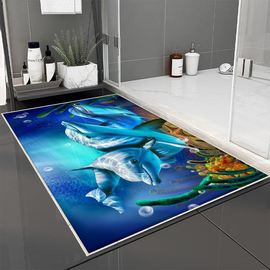 Blue Dolphins Bathroom Rug - Under Sea Non Slip Bath Mat, Quick Dry Washable Toilet Mat, Soft Modern Bathroom Decor