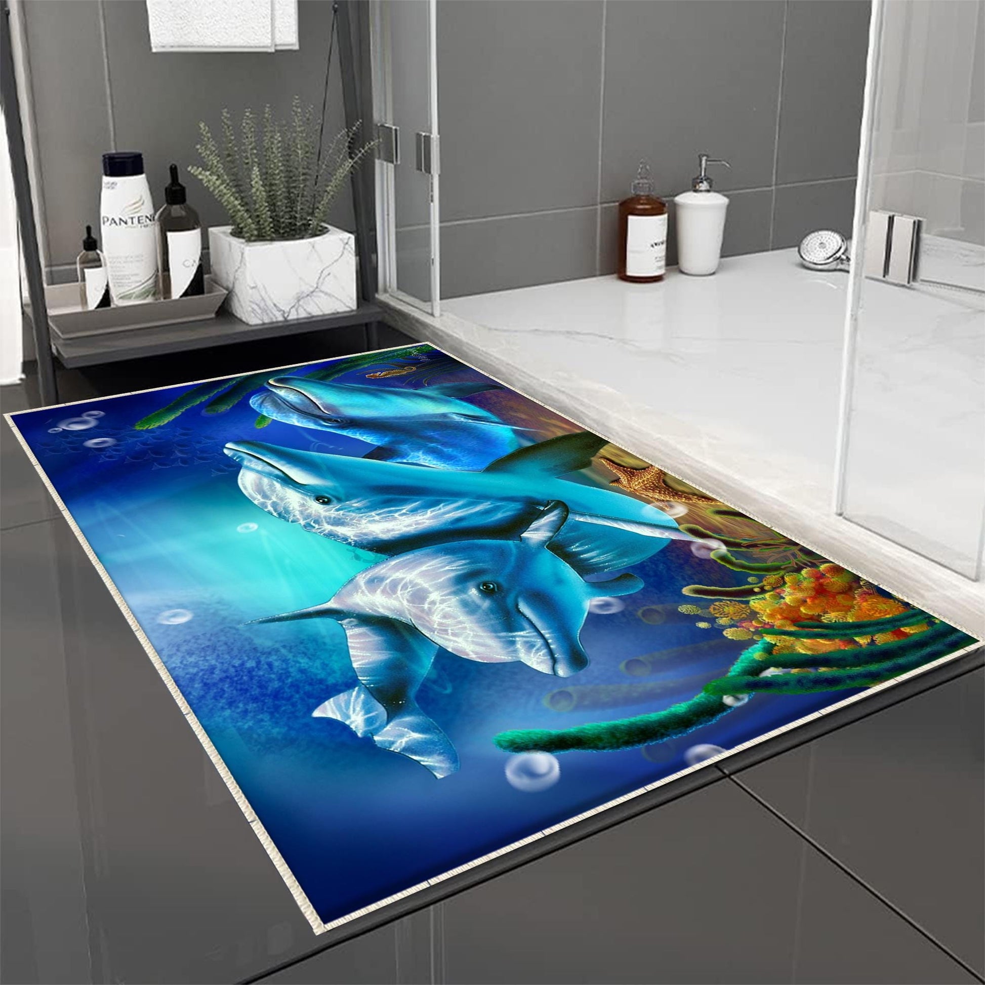 Blue Dolphins Bathroom Rug - Under Sea Non Slip Bath Mat, Quick Dry Washable Toilet Mat, Soft Modern Bathroom Decor