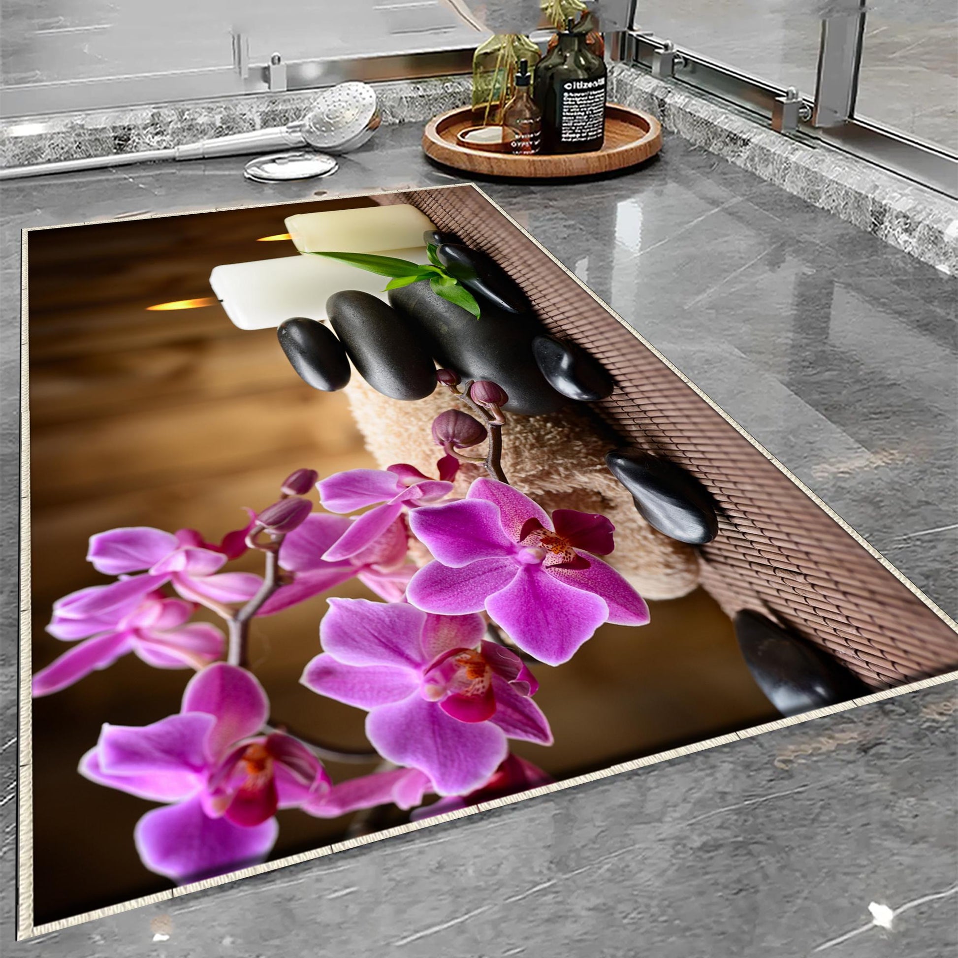 Spa Candles Purple Flowers Bathroom Rug - Floral Non Slip Bath Mat, Quick Dry Washable Toilet Mat, Soft Modern Bathroom Decor