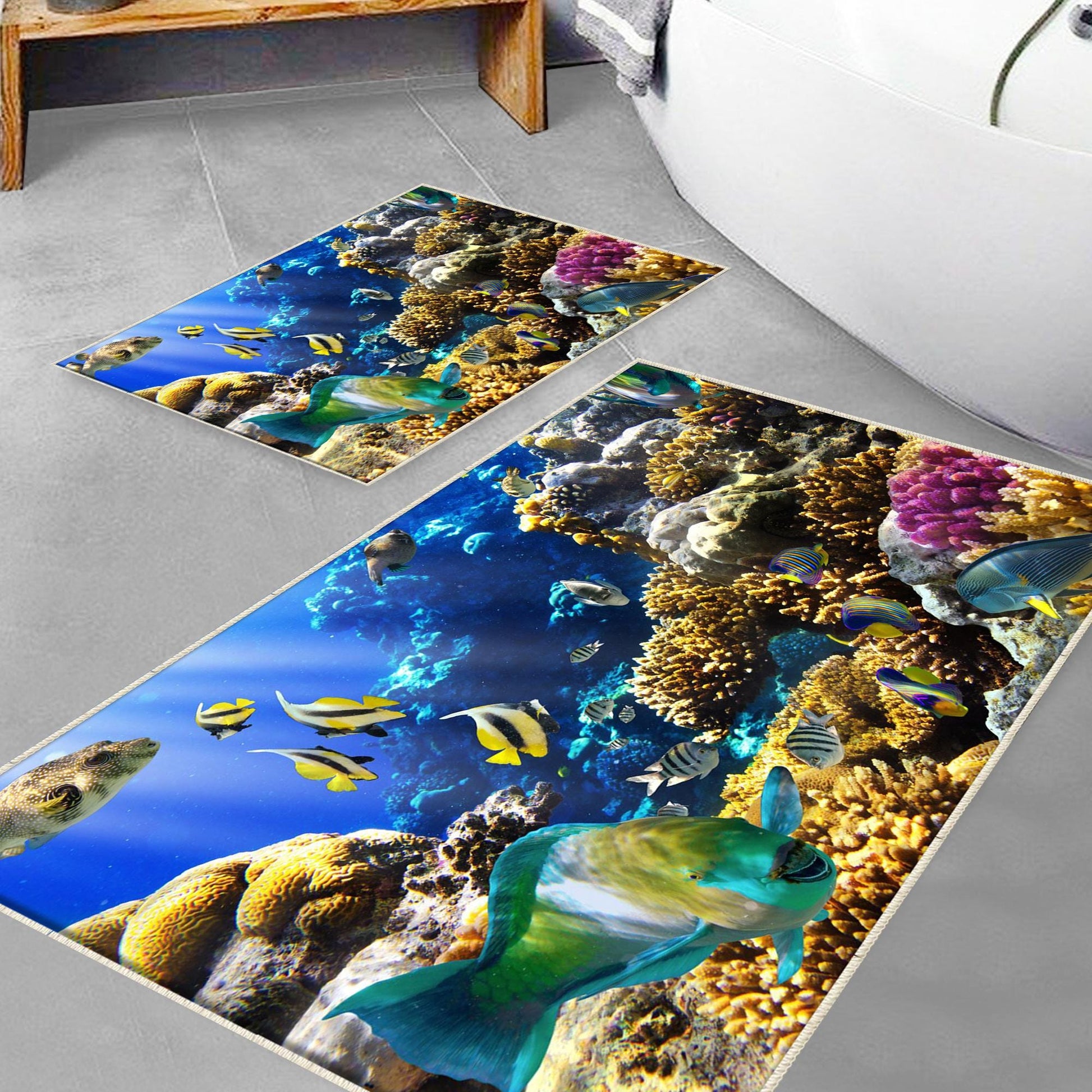 Under Sea Fishes Bathroom Rug - Tropical Aquarium Non Slip Bath Mat, Quick Dry Washable Toilet Mat, Soft Modern Bathroom Decor