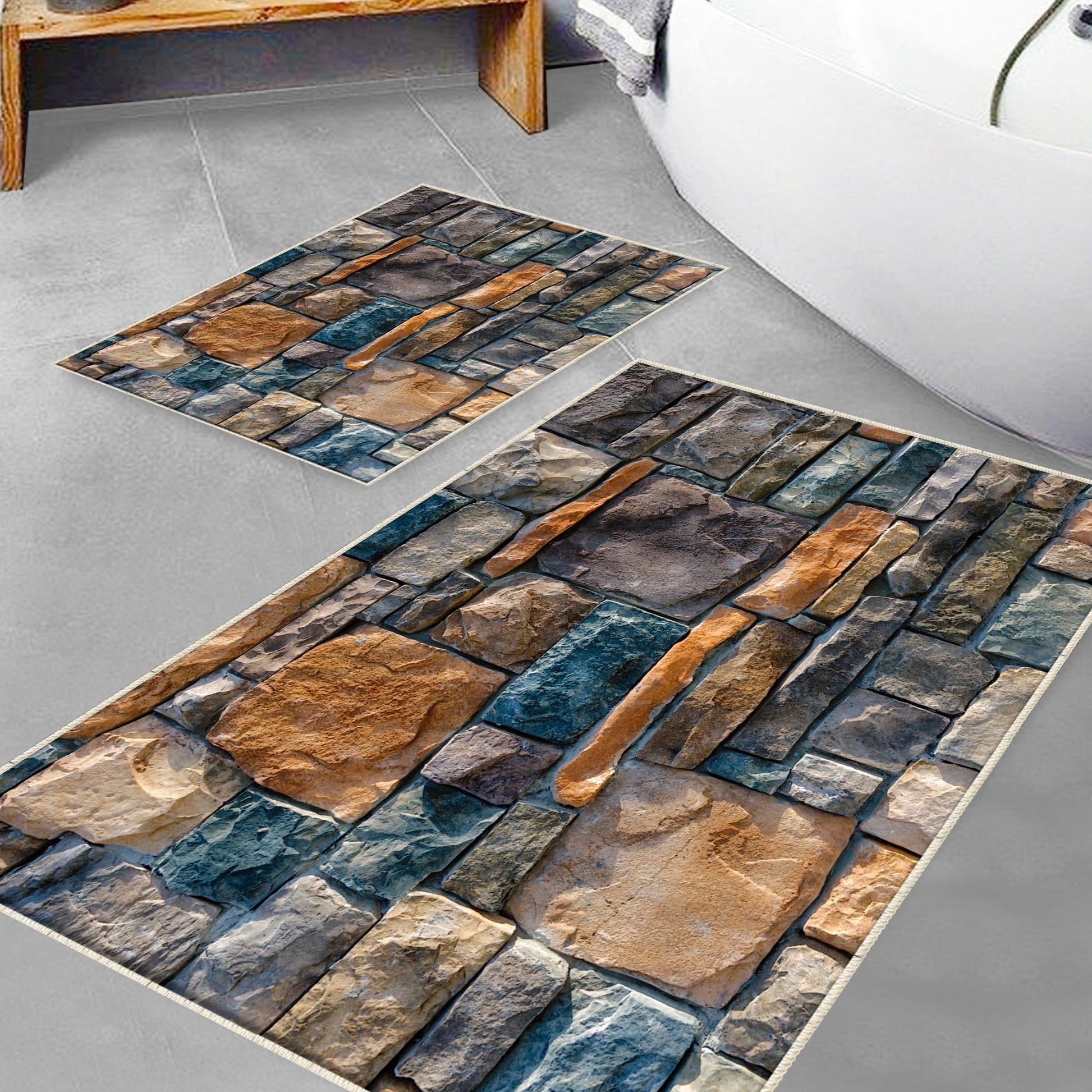 Colorful Old Wall Stone Design Bathroom Rug - Non Slip Bath Mat, Quick Dry Washable Toilet Mat, Soft Modern Bathroom Decor