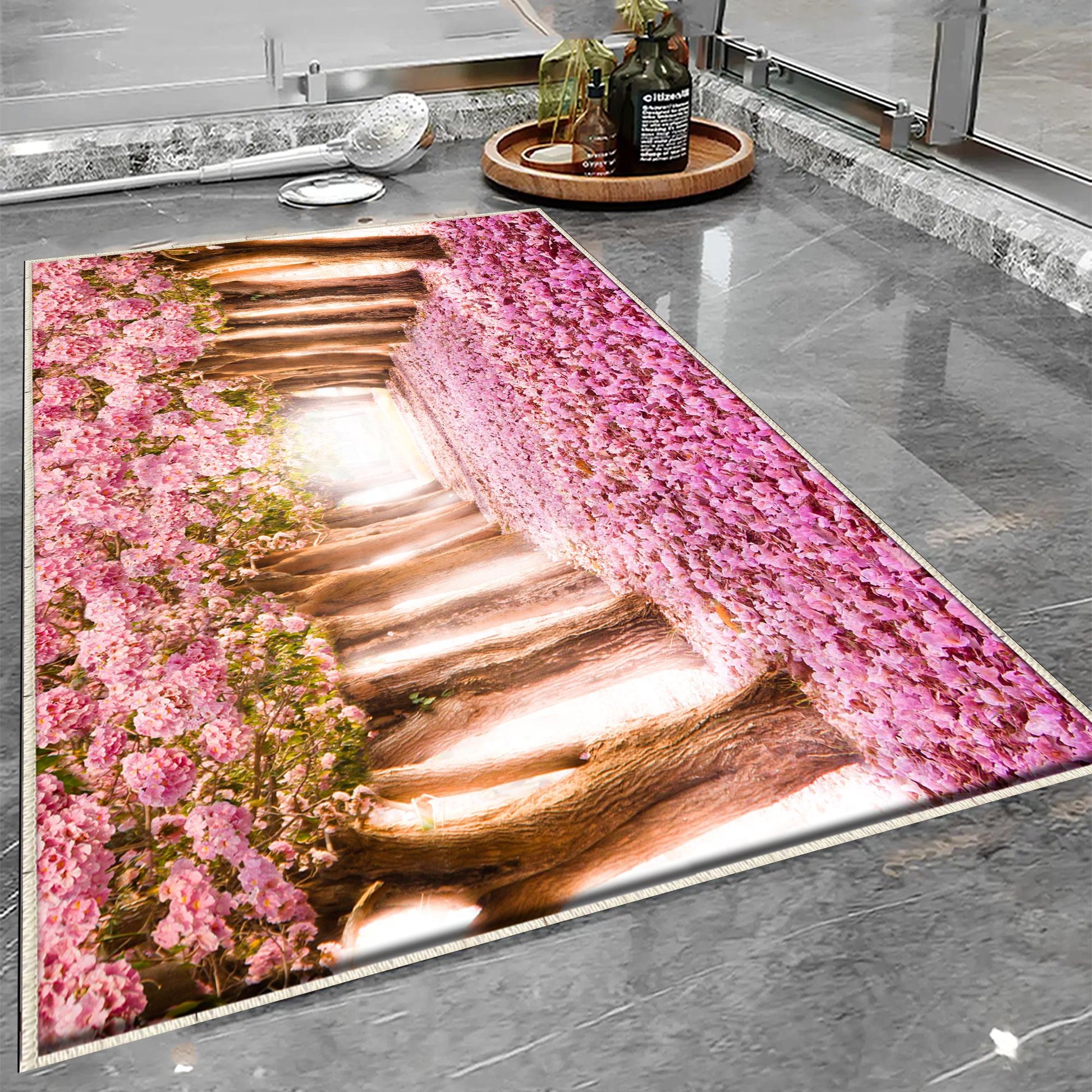 Pink Tree Leaves Forest Path Bathroom Rug - Non Slip Bath Mat, Quick Dry Washable Toilet Mat, Soft Modern Bathroom Decor