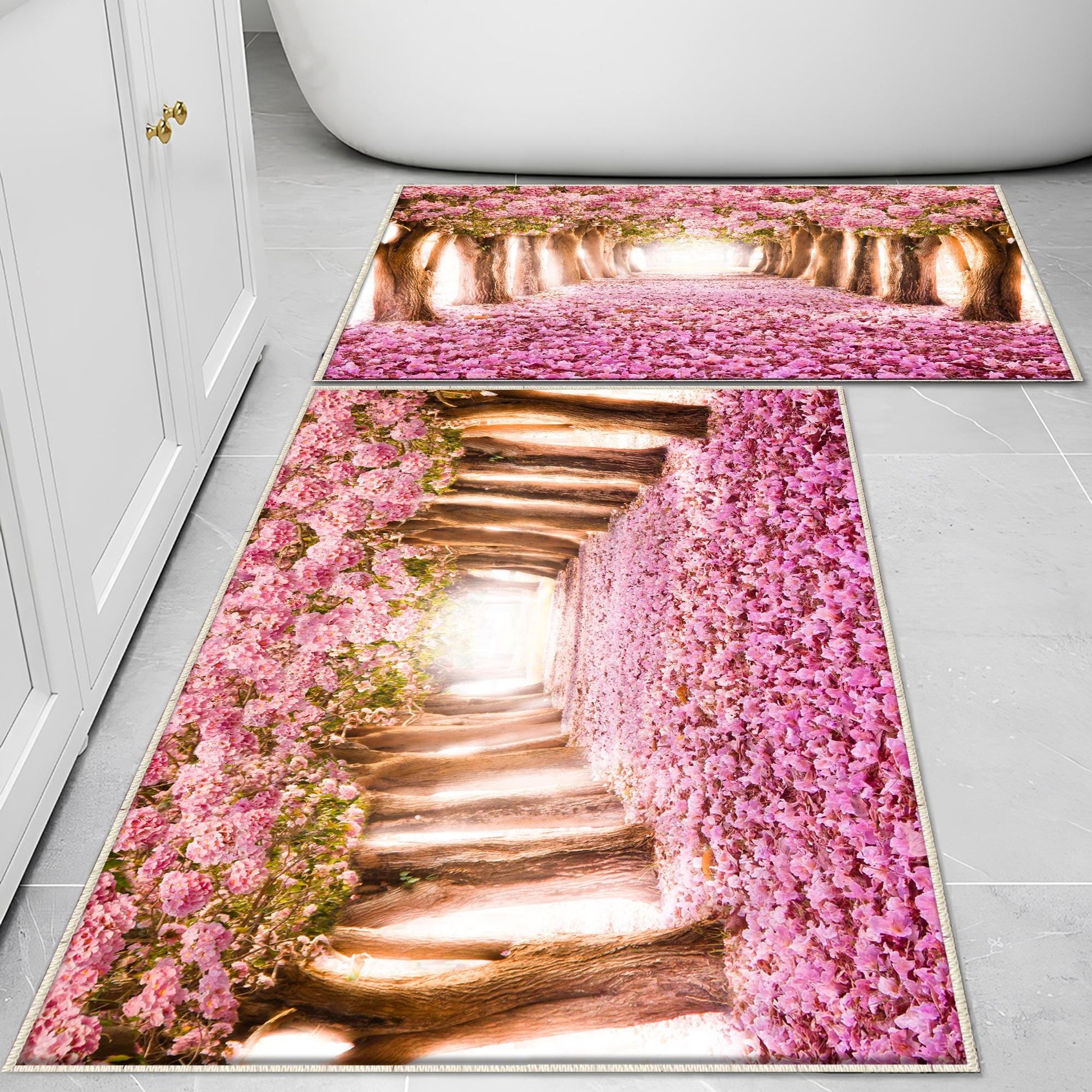 Pink Tree Leaves Forest Path Bathroom Rug - Non Slip Bath Mat, Quick Dry Washable Toilet Mat, Soft Modern Bathroom Decor