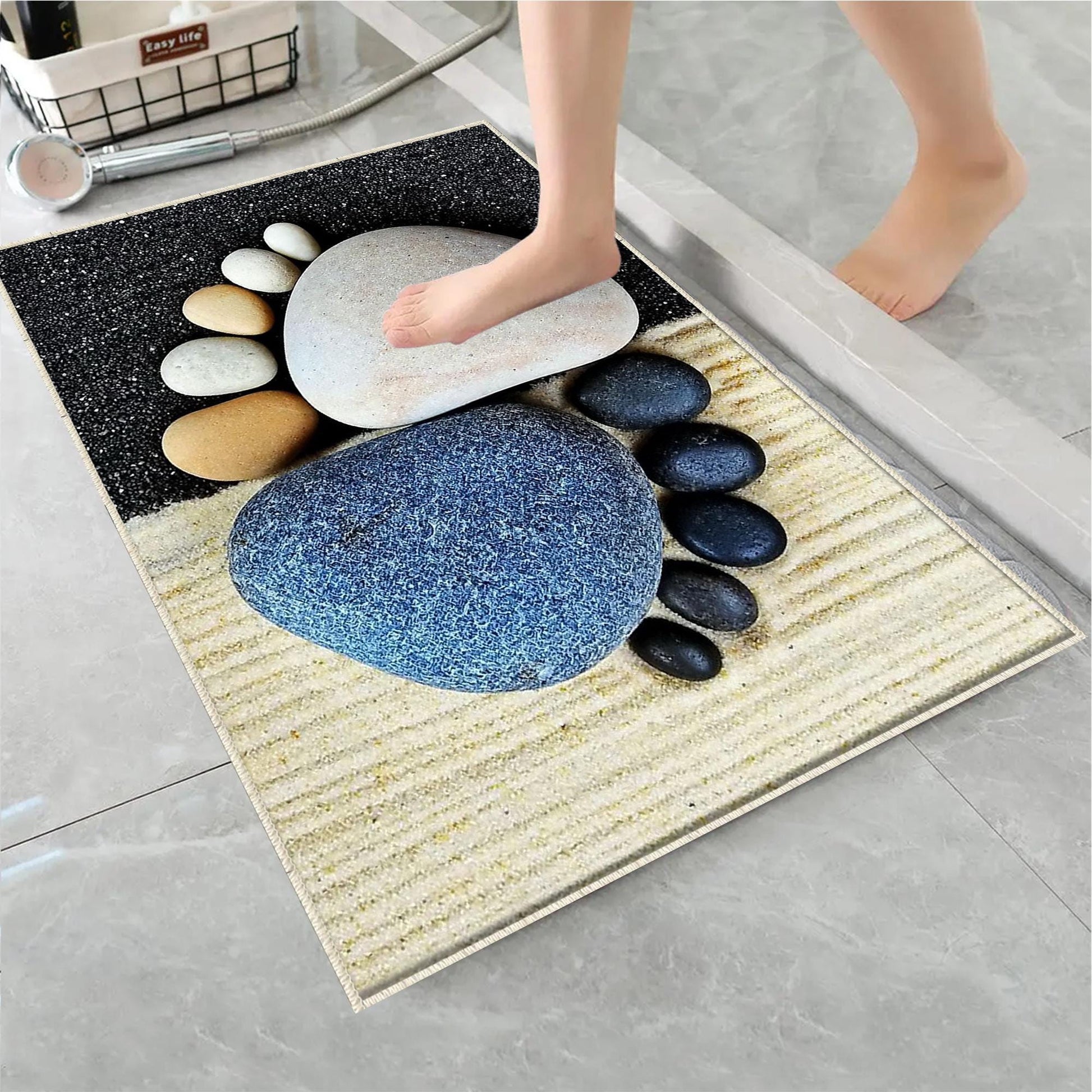 Blue Black Foot Stones Bathroom Rug - Non Slip Bath Mat, Quick Dry Washable Toilet Mat, Soft Modern Bathroom Decor