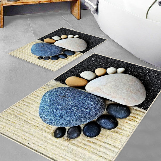 Blue Black Foot Stones Bathroom Rug - Non Slip Bath Mat, Quick Dry Washable Toilet Mat, Soft Modern Bathroom Decor