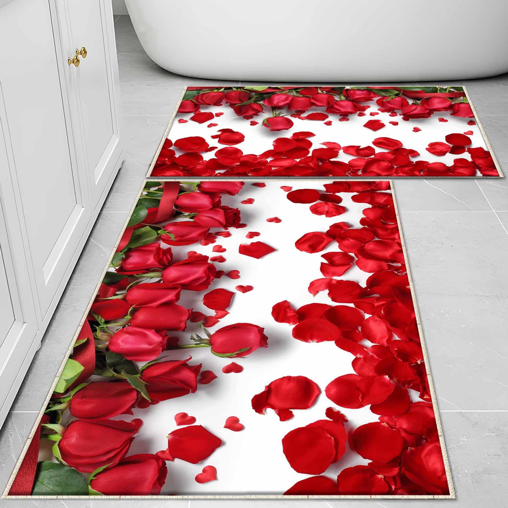 Red Roses Leaves Floral Flowers Bathroom Rug - Non Slip Bath Mat, Quick Dry Washable Toilet Mat, Soft Modern Bathroom Decor