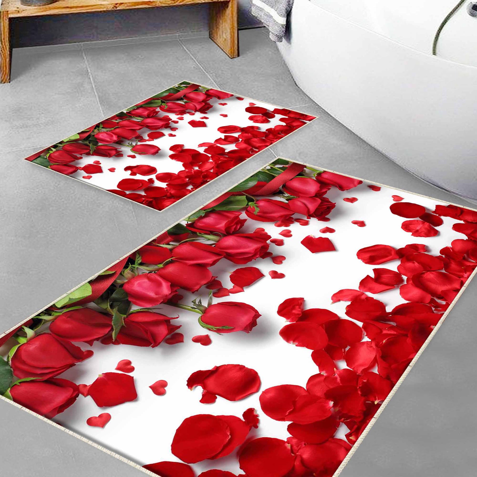 Red Roses Leaves Floral Flowers Bathroom Rug - Non Slip Bath Mat, Quick Dry Washable Toilet Mat, Soft Modern Bathroom Decor
