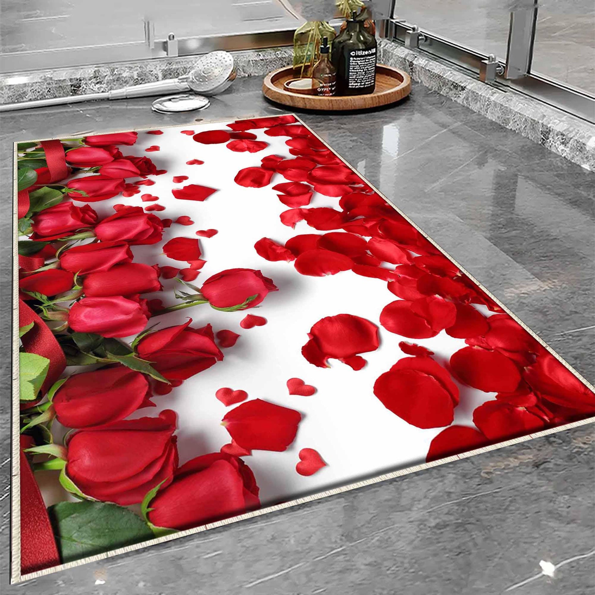 Red Roses Leaves Floral Flowers Bathroom Rug - Non Slip Bath Mat, Quick Dry Washable Toilet Mat, Soft Modern Bathroom Decor