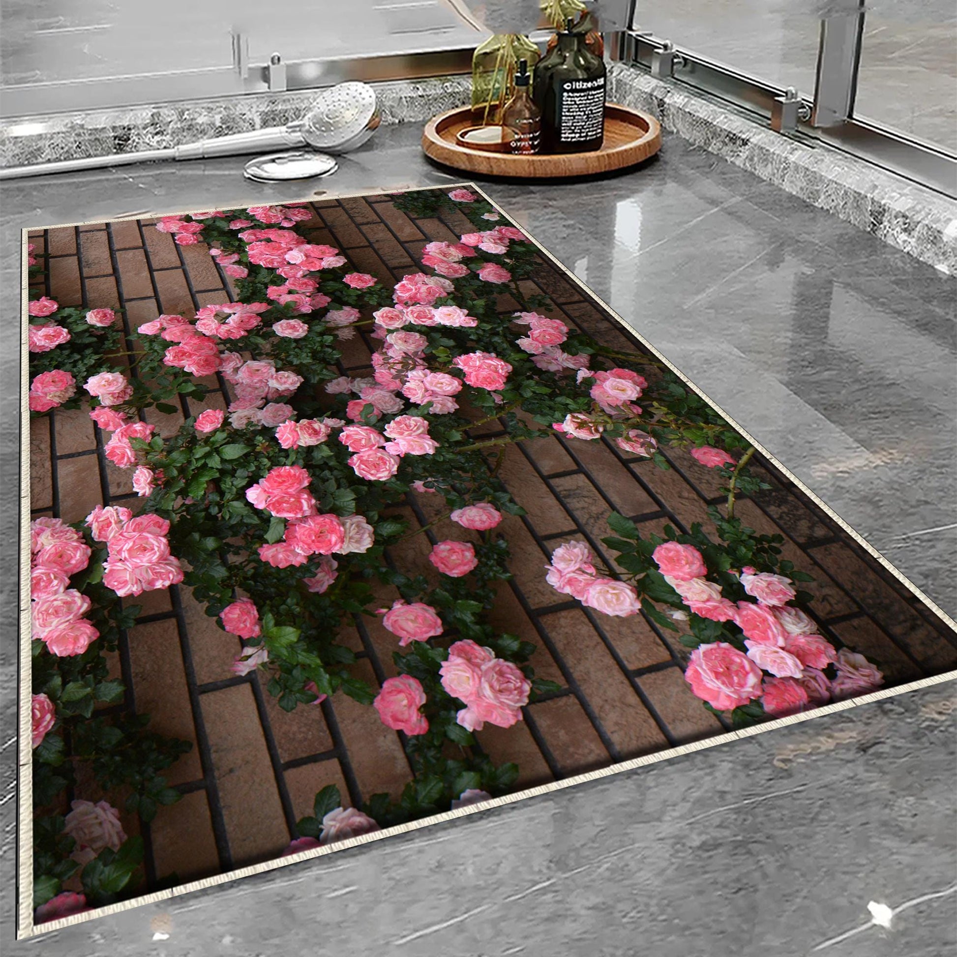 Pink ivy Roses on Wall Bathroom Rug - Floral Flowers Non Slip Bath Mat, Quick Dry Washable Toilet Mat, Soft Modern Bathroom Decor
