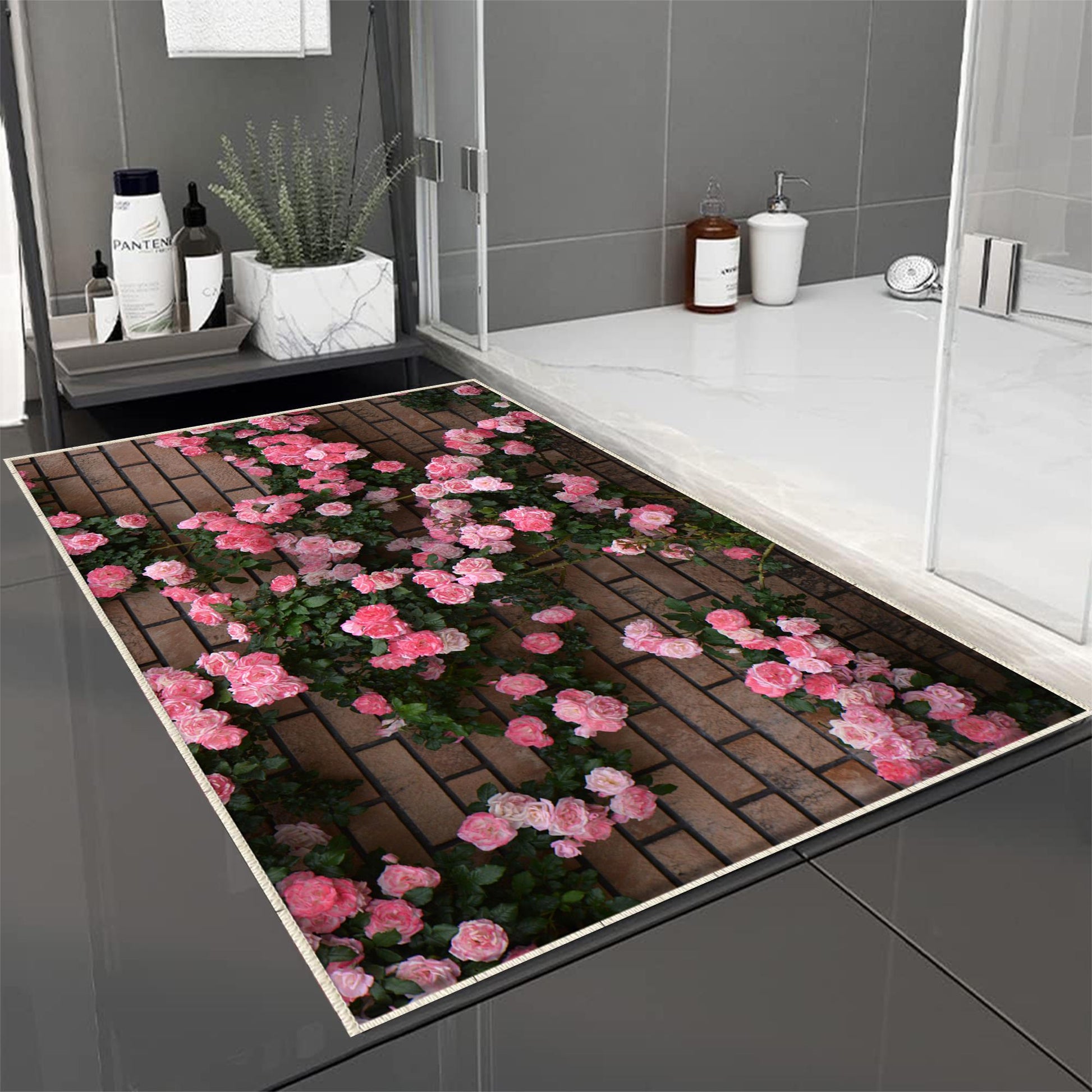 Pink ivy Roses on Wall Bathroom Rug - Floral Flowers Non Slip Bath Mat, Quick Dry Washable Toilet Mat, Soft Modern Bathroom Decor